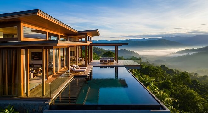 Modern luxury villa features a spacious wooden deck with an infinity swimming pool and comfortable lounge furniture for outdoor relaxation