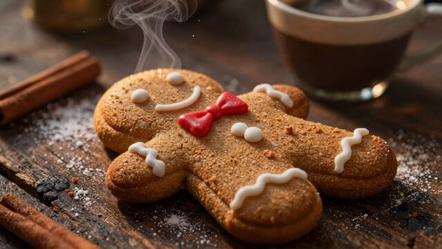 Festive Gingerbread Man Cookie with Cinnamon and Hot Coffee