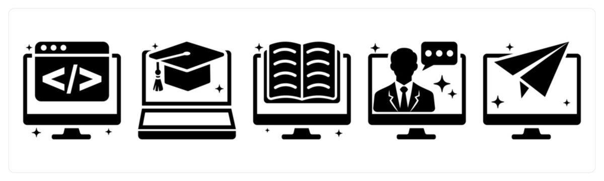 A set of 5 icons as programming, online learning, e learning