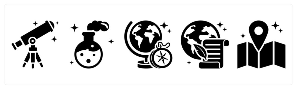 A set of 5 icons as telescope, flask, geography