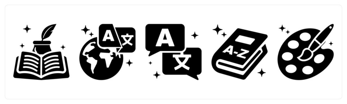A set of 5 icons as literature, language, translation