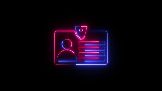 Neon Id card animation. Glowing Profile verify icon motion graphics. Animated personal information icon. NID card verify. Driver's license verified 4k video.