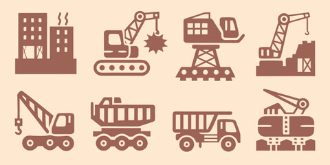 Construction equipment icons set including cranes dump trucks and building demolition in a flat style © Bijoy