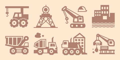 Construction equipment icons set including cranes trucks and oil rig in a flat style © Bijoy