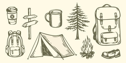 Camping equipment collection with tent backpack and forest tree hand drawn sketch style high quality © Bijoy