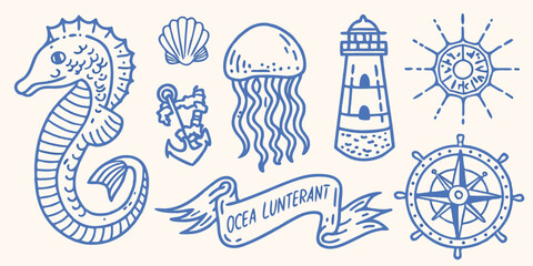 Blue line drawing of marine life and nautical elements including a seahorse and jellyfish © Bijoy