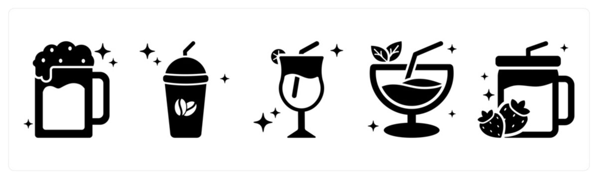 A set of 5 icons as beer, cold coffee, mocktail