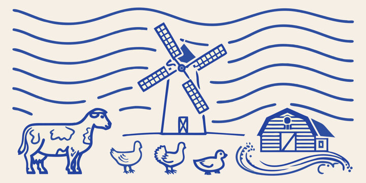 Line drawing of a dutch windmill american barn cow chickens and rolling hills high quality