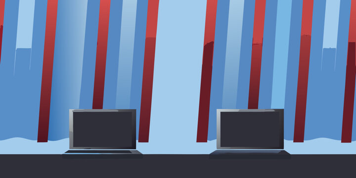 Two vintage television sets with a striped backdrop in blue and red tones high quality