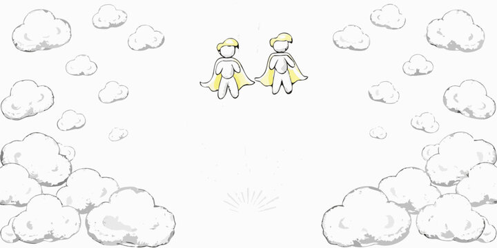 Two caped figures flying amongst clouds and radiant light whimsical illustration high quality professional detailed