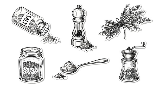 Black and white illustration of kitchen seasoning tools and herbs.