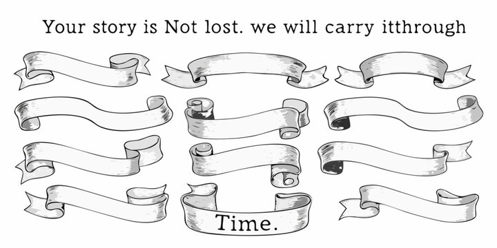 Collection of vintage ribbon banners and scrolls hand drawn sketch style on white background