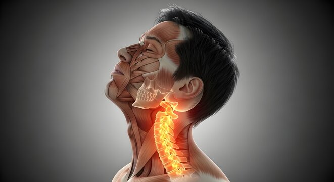 Human neck anatomy and cervical spine muscle structure. Medical education and orthopedic healthcare. Side view of a man with transparent skin showing glowing red vertebrae and muscles