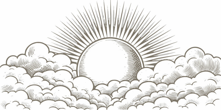 Hand drawn sun bursting through clouds vintage style engraving on white background high quality professional