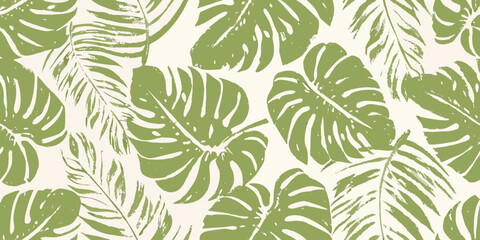 Overlapping monstera leaves pattern green and white tropical foliage illustration high quality professional detailed modern © Bijoy