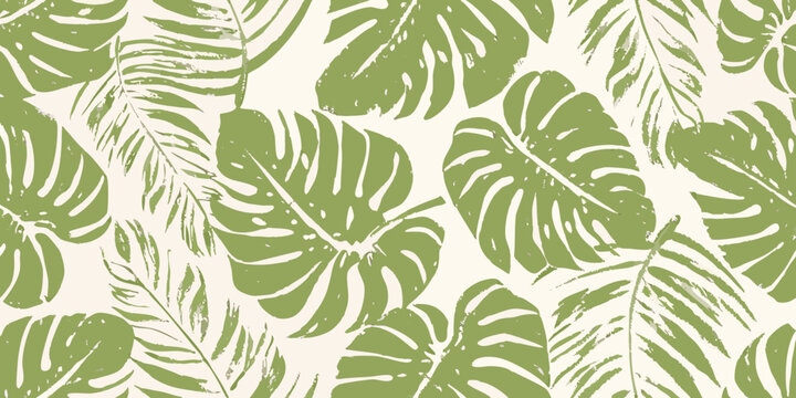 Overlapping monstera leaves pattern green and white tropical foliage illustration high quality professional detailed modern
