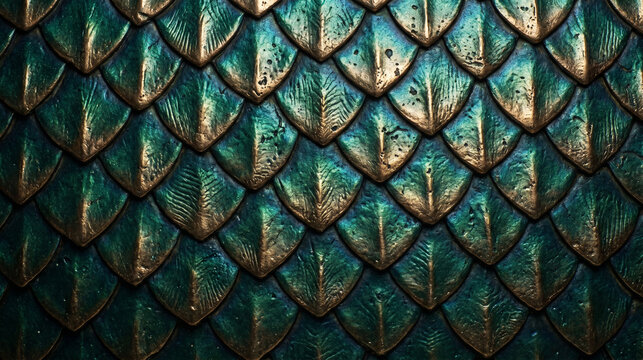 Metallic iridescent teal and bronze dragon scales pattern texture background