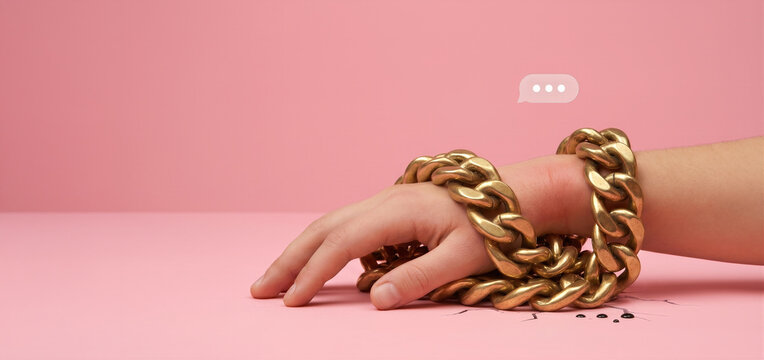 Hand Bound with Heavy Chain, Digital Addiction and Loss of Freedom Concept