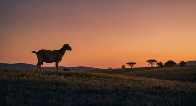Goat standing on a grassy hill during sunset for Eid al Adha celebration. Silhouette of livestock animal in nature. Orange and purple sky background. Rural landscape.