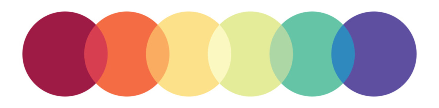 Vibrant overlapping colorful circles in a row. Intersecting, overlapping circles, rings element 
