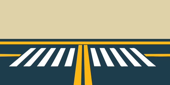 Abstract illustration of an airport runway or road with yellow double lines and white parallel markings on a dark asphalt surface.