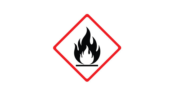 International safety warning sign for flammable materials showing a black fire flame icon inside a bold red diamond shaped frame.