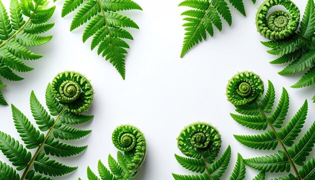 Lush green fern fronds and coiled fiddleheads arranged symmetrically on white