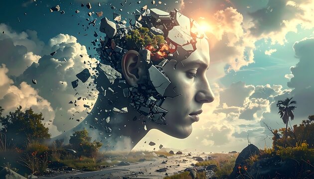 Woman face dissolving into landscape sky.