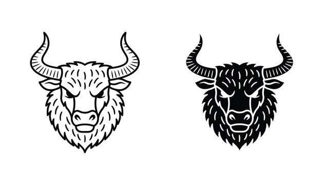 Aggressive bull head mascot icon set with sharp horns in linear and bold solid black style for sports team branding or business logo design