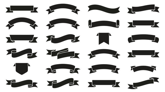 High-contrast vector pack of blank vintage ribbon banners and scrolls, ideal for logos, badges, labels, typography, and retro design. Black ribbon banners set.