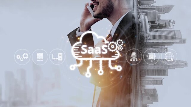 Visual representation of SaaS showing infrastructure, SaaS deployment, SaaS platform features, and SaaS integration model in digital environment. Muxer