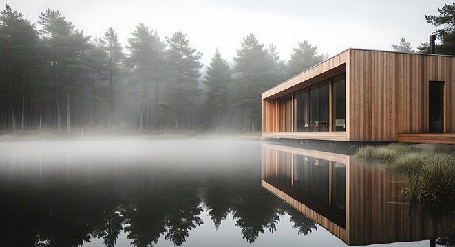 A minimalist wooden cabin features large glass windows and modern architectural design creating a sophisticated living space for luxury relaxation