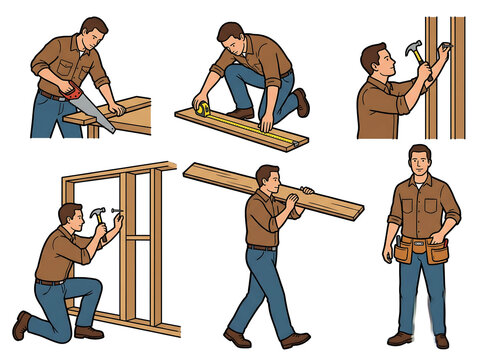 Carpenter Performs Various Construction Tasks Set