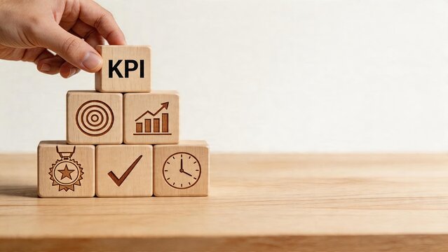 Business performance strategy concept wooden blocks stacking to build pyramid with KPI abbreviation target goals chart graph award medal checklist clock time management