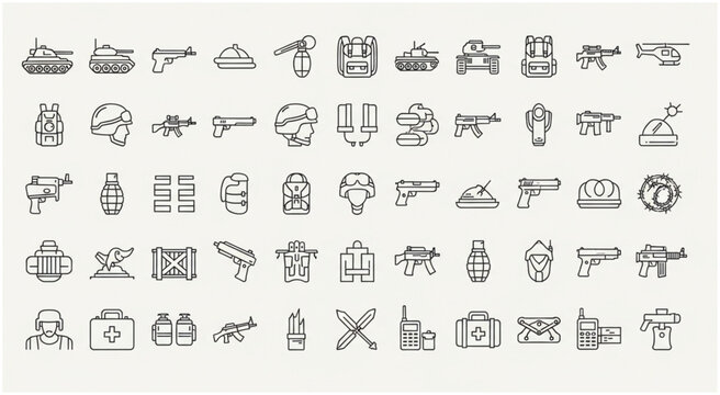 Collection of military and war related icons and symbols in a line art style.