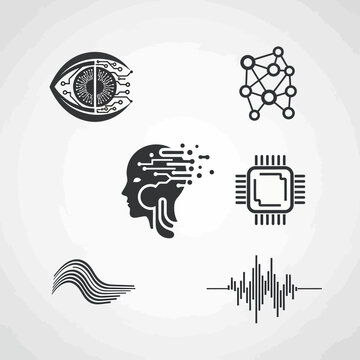 AI and Technology Icons: Eye, Brain, Chip, Network, Sound, Data Flow
