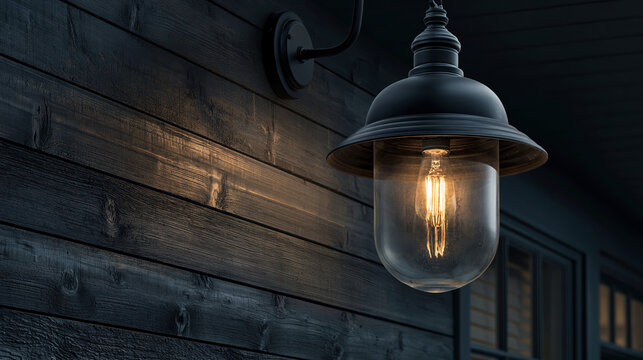 Single rustic metal lantern hanging on dark wooden porch wall emitting warm evening light creating peaceful and welcoming atmosphere