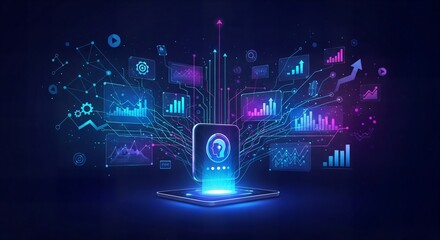 Obraz premium Digital network interface connecting data analytics charts and graphs with futuristic glow on dark background