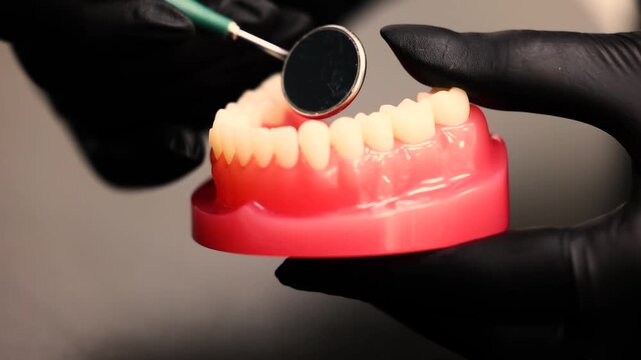 Dental mirror examination on jaw model close up training concept