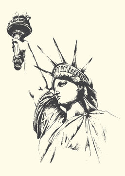 Statue of liberty torch and crown detail with landmark independence democracy patriotic national monument statuesque sculpture architecture cityscape representation illustration monochrome