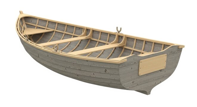 Small wooden rowboat is shown isolated against a white background.