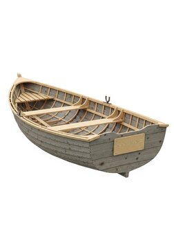 Wooden rowing boat sits against a plain white background.