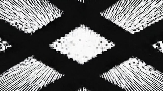 Abstract motion graphic of pixelated censor bars sliding flickering across frame black rectangles masking revealing areas dynamic black white pixel grid background glitch style seamless loop smooth ti