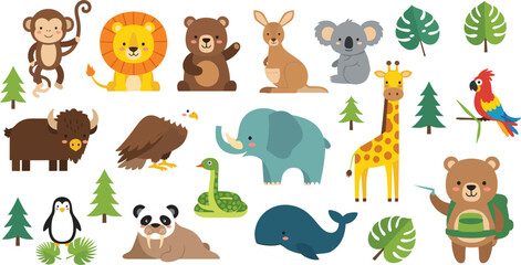 Cute Cartoon Wild Animal Collection Set with Lion Elephant Giraffe and Ocean Creatures for Kids and Children Illustration Design © MDShakhawat