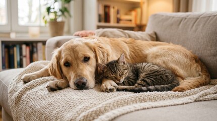 Plakat Golden Retriever dog and tabby kitten cuddling on sofa, cozy domestic pets resting together, warm home interior with animals on couch