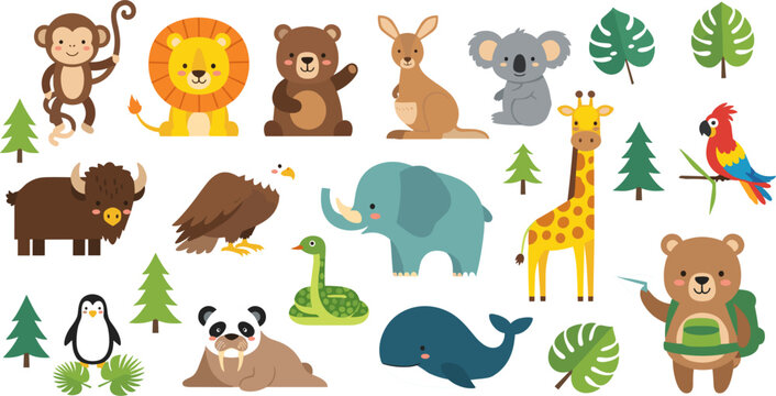 Cute Cartoon Wild Animal Collection Set with Lion Elephant Giraffe and Ocean Creatures for Kids and Children Illustration Design