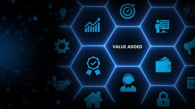 Value added concept. Touching on virtual screen to create values. Way to adding value to product and service. Improving products, excellent service, expert advice, consistently upgrade, deliver fast.