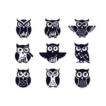 Set of Owl Icons with Business and Technology Concepts