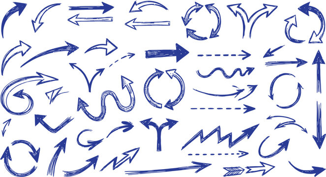 Collection of hand drawn blue arrows and directional indicators sketch style