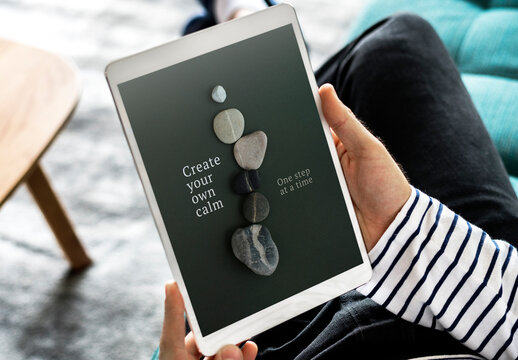 Tablet Mockup Displaying Calming Stones PSD
